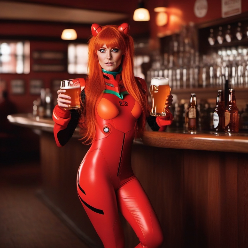 cinematic photo a full body woman, red plugsuit, blue eyes, orange hair, having a beer in a pub  <lora:Asuka1024:0.8> . 35mm photograph, film, bokeh, professional, 4k, highly detailed