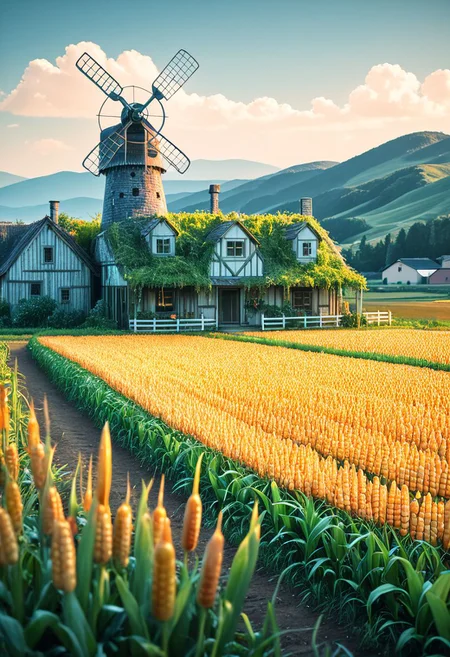 SmoothNoob_Quality, no humans, blue sky, farm, corn field, summer, field, garden, windmill, hill, horizon, house, landscape, grass, outdoors, overgrown, scenery, sky, wooden fence, <lora:Smooth_Booster:0.5>āāā