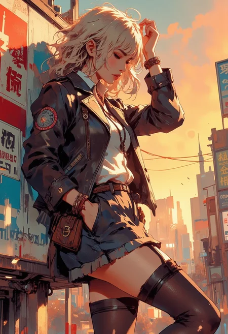 Mh1$AgThS2, intricate linework with expressive contrasts, soft lighting with dynamic highlights, Japanese blonde woman in a leather jacket, denim skirt, black thigh-high stockings, leaning against a Tokyo advertising board on a city street, sunset. Impressionistic, ligne claire outlines for clarity and structure, In the style of ff-td