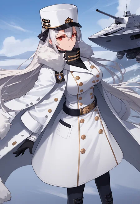 score_9_up, score_8_up, score_7_up, source_anime, extreamly detailed, beautiful detailed face, complex detailed background, 1girl, completely clothes, BREAK,
SOVETSKAYA ROSSIYA \(AZUR LANE\), SOVETSKAYA ROSSIYA REGULAR CLOTHES, long hair, breasts, looking at viewer, large breasts, red eyes, gloves, hat, hair between eyes, very long hair, full body, white hair, boots, black gloves, belt, black footwear, uniform, coat, fur trim, buttons, white headwear, high collar, military hat, white coat, double-breasted, rigging, fur-trimmed coat