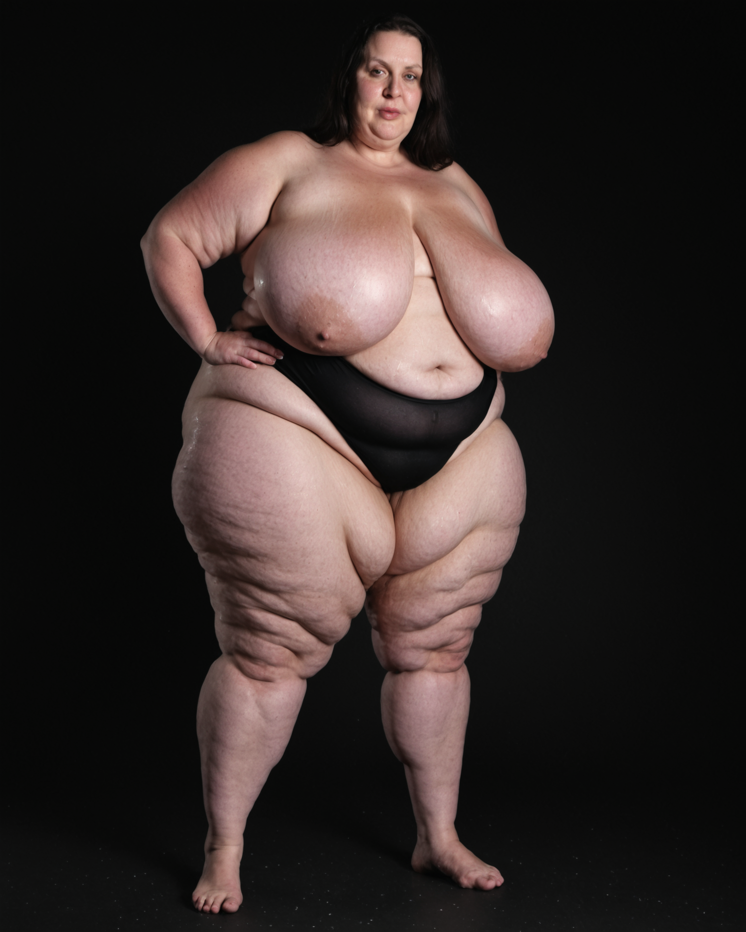 (mature), huge breasts, wide hips, sagging breasts, fat, facing viewer, ssbbw, cellulite, skindentation,
black briefs,
low light, black background,
standing,
<lora:SSBBW_SDXL:0.75>