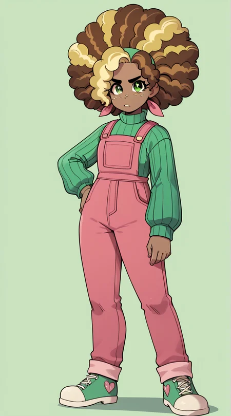 ((score_9)), score_8_up, score_7_up, high quality, masterpiece Lorelai, green eyes, dark-skinned female, freckles, curly hair, brown hair, green eyes, 1girl, multicolored hair, two-tone hair, big hair, afro, Casual Lorelai, turtleneck sweater, overalls, ribbed sweater, full body<lora:Lorelai_Blyndeff:1>