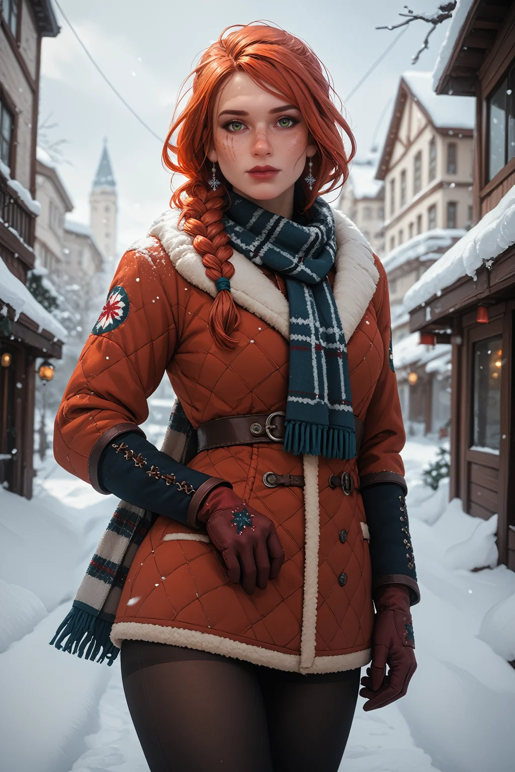 score_9, score_8_up, score_7_up,
<lora:W3Cerys:0.8>
W3Cerys, 1girl, long hair, braid, red hair, green eyes, scar, freckles, looking at viewer, winter clothes, scarf, gloves, black pantyhose, snow, outdoors, city, standing, cowboy shot