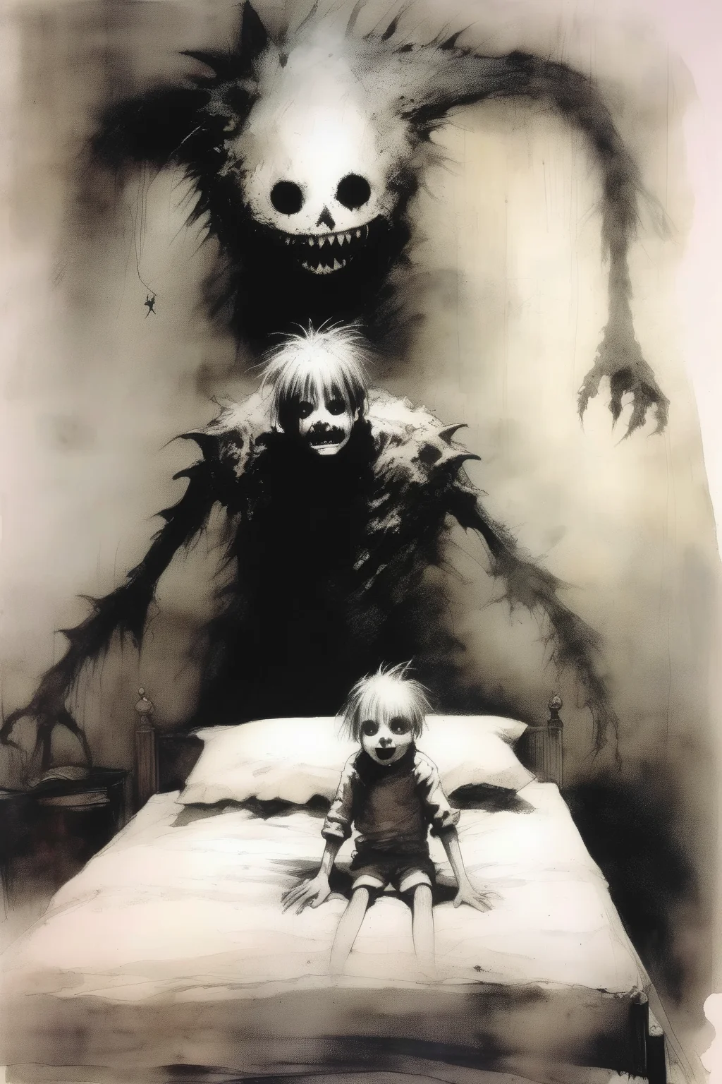 <lora:Stephen Gammell Style:1>Stephen Gammell Style - a picture of a boy going to sleep with a scary monster in the bed