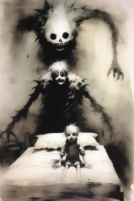 <lora:Stephen Gammell Style:1>Stephen Gammell Style - a picture of a boy going to sleep with a scary monster in the bed