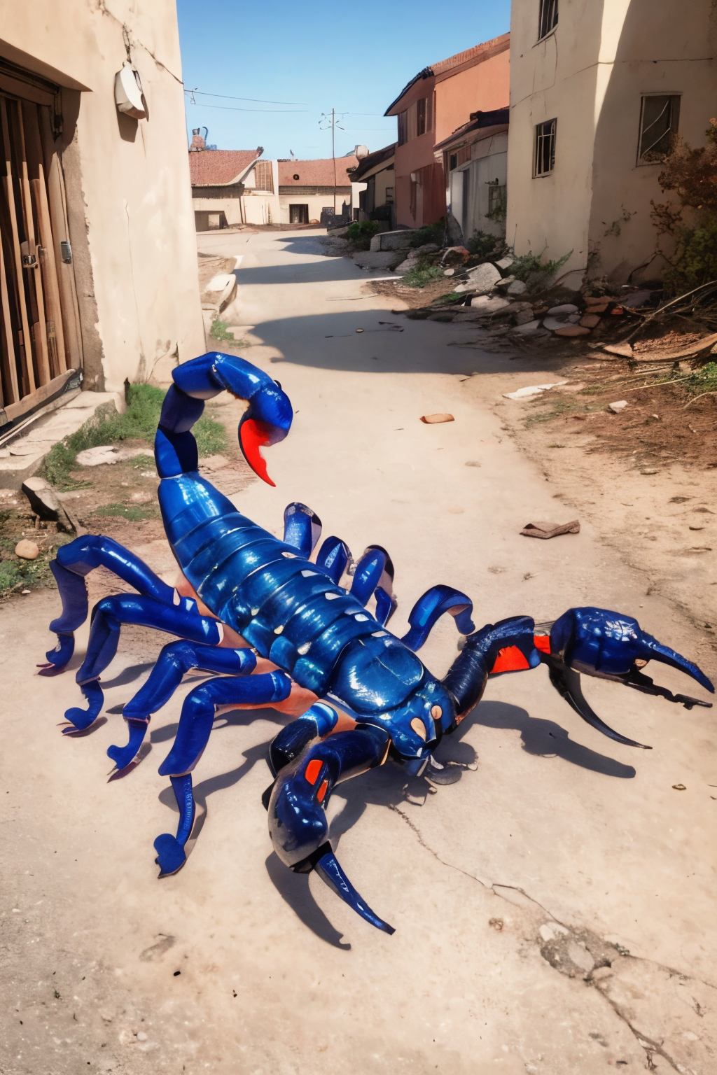 (Realistic:1.5) EdobScorpion, damaged, on stomach, shadow, military vehicle, blue hair, parody, concept art, tentacles, spider web, science fiction, pokemon (creature),  <lora:EdobScorpionArtistic_v1.0:0.8>