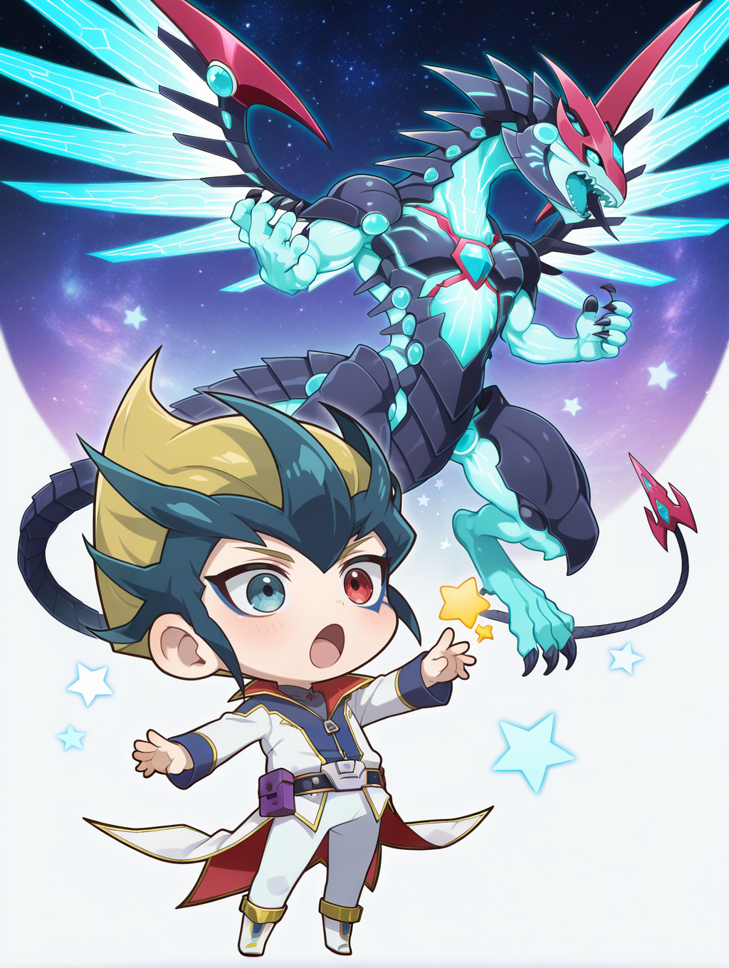 kite tenjo, galaxy-eyes photon dragon, 1other, 1boy, male focus, chibi, open mouth, white coats, grey high collar shirt, white boots, white pants, full body, facial mark, heterochromia, star \(symbol\), belt pouch, blue dragon
masterpiece,best quality,amazing quality,very aesthetic,absurdres,newest,<lora:Galaxy-Eyes Prime Photon Dragon illuXL v2.3:0.75>,