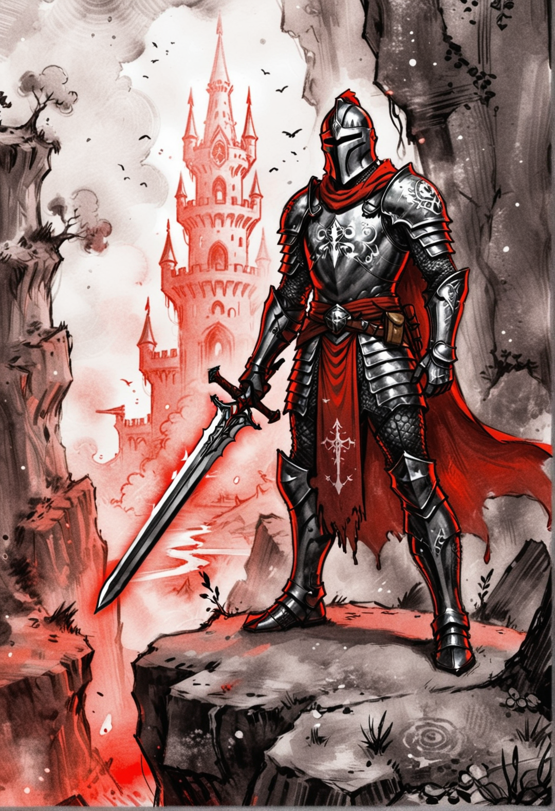 drawix18, fantasy illustration of a knight in full armor, wielding a huge glowing (greatsword:1.1) made of luminescent matter, iridescent blade covered in the photonic remains of slain nightmares, the knight's black armor is intricately detailed and covered in occult symbols, his pauldrons are large ethereal mirrors. He is standing at the edge of a cliff overlooking a surreal landscape made of fragments of forgotten dreams and fractures of reality. Red mist permeates the air and the light is ominously fateful, dynamic and dramatic <lora:dmd2_sdxl_4step_lora> <lora:xl_drawix18>
