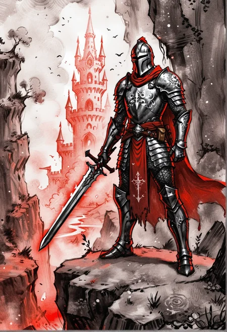 drawix18, fantasy illustration of a knight in full armor, wielding a huge glowing (greatsword:1.1) made of luminescent matter, iridescent blade covered in the photonic remains of slain nightmares, the knight's black armor is intricately detailed and covered in occult symbols, his pauldrons are large ethereal mirrors. He is standing at the edge of a cliff overlooking a surreal landscape made of fragments of forgotten dreams and fractures of reality. Red mist permeates the air and the light is ominously fateful, dynamic and dramatic <lora:dmd2_sdxl_4step_lora> <lora:xl_drawix18>
