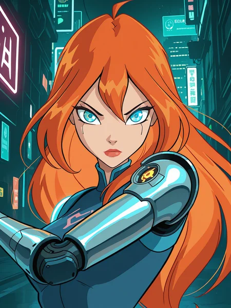 <lora:winxBloomIL:0.8> bl_oom, 1girl, ginger hair, blue eyes,
looking at viewer, cyberpunk, augmentations, prosthetic, metal arm, GLOWING CYBERNETIC EYE,difficult background, at night, dynamic pose, upper body