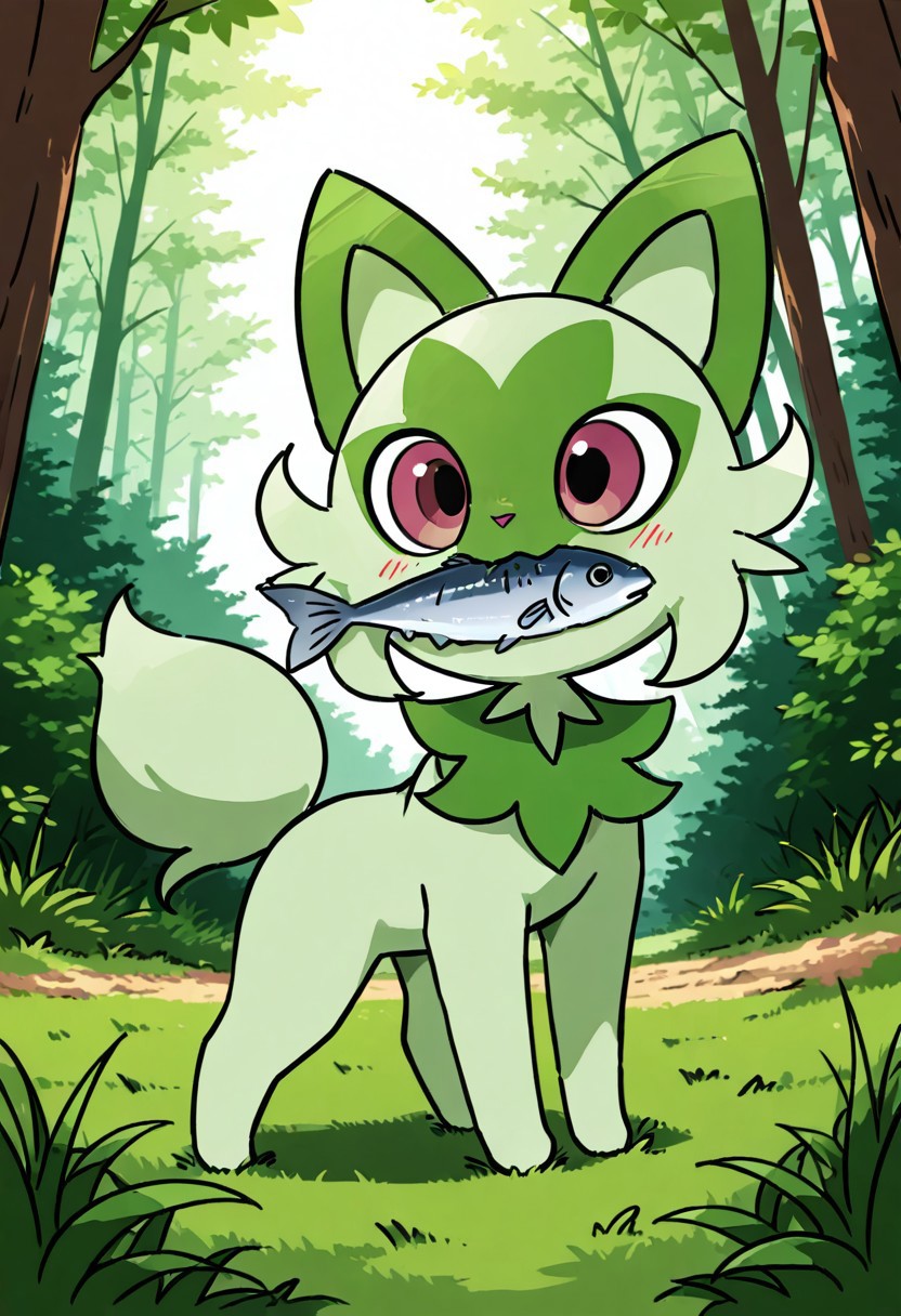 masterpiece, best quality, 
Sprigatito, holding a fish in its mouth, forest clearing, morning sunlight, soft grass, dynamic pose, mid-leap, motion blur, sunbeams through trees — Sprigatito bounds through a dew-covered meadow, paws barely brushing the grass as golden sunlight filters through the trees. Leaves scatter in its wake, caught in the shimmer of motion, while its eyes gleam with untamed curiosity.
