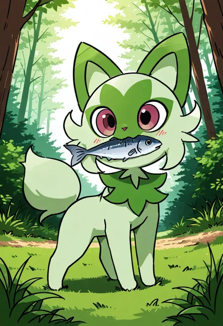 masterpiece, best quality,
Sprigatito, holding a fish in its mouth, forest clearing, morning sunlight, soft grass, dynamic pose, mid-leap, motion blur, sunbeams through trees — Sprigatito bounds through a dew-covered meadow, paws barely brushing the grass as golden sunlight filters through the trees. Leaves scatter in its wake, caught in the shimmer of motion, while its eyes gleam with untamed curiosity.
