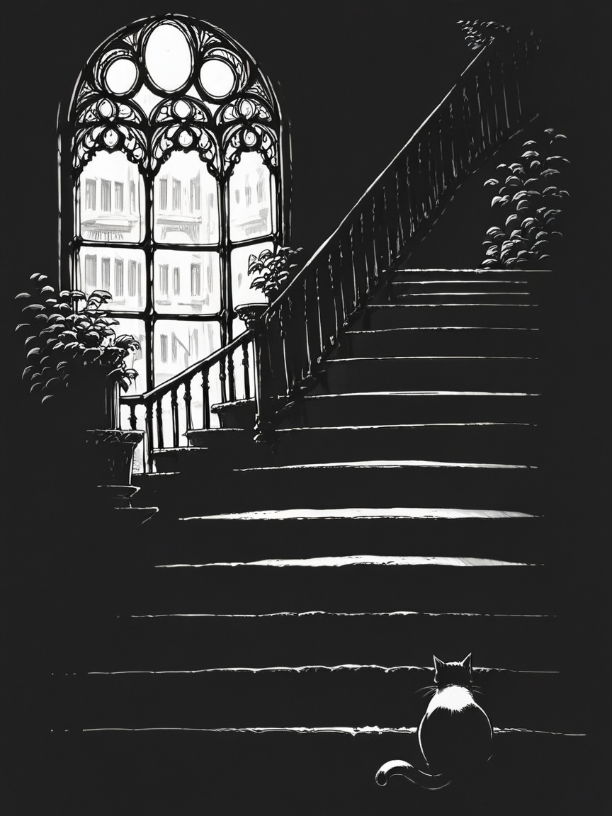 score_9, score_8_up, score_7_up, score_6_up, score_5_up, score_4_up,  <lora:c0ntr4stbwXLP:0.85> c0ntr4st, monochrome, high contrast, window, cat, stairs