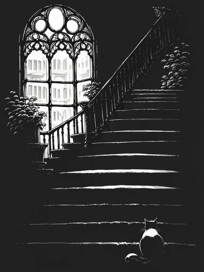 score_9, score_8_up, score_7_up, score_6_up, score_5_up, score_4_up, <lora:c0ntr4stbwXLP:0.85> c0ntr4st, monochrome, high contrast, window, cat, stairs