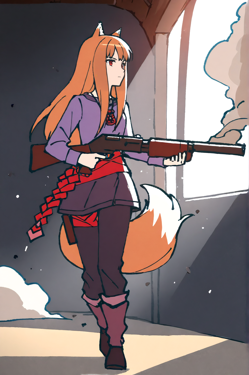 masterpiece, best quality, dark grey background, indoors, cinematic lighting, lens flare, flying debris, dust, smoke, amazing quality, very aesthetic, absurdres, best quality, newest, year 2023,  Holo, Main Outfit, solo, expressionless, aiming tactical shotgun, thigh gun holster, full body,   <lora:JN_Holo_Illus:0.8>