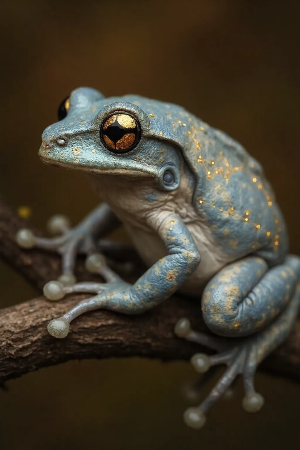 An incredibly beautiful Amazonian treefrog perched on a branch. He has bright golden eyes and a celestial pattern all over his body. The frog has with skin that is a mix of pale sky blue and beige. The color of his skin is almost like a stormy sky at sunset, with astrological constellations mapped out in gold and small stars on a few of the constellation intersections. There are topographical lines which appear very delicately in the pattern on his skin underneath the constellations. Photo realism. Extreme detail. Wildlife photography.