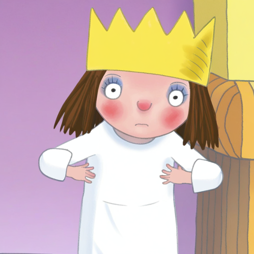 score_9, masterpiece, 1girl, Solo, female focus, Princess_LP, fair skin, dark brown hair, short hair, messy hair, big eyes, black eyes, blue eyeshadow, rosy cheeks, small nose, yellow crown, large simple white gown, barefoot, short stature, standing, cowboy shot, room background, looking at viewer, perfect eyes