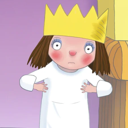 score_9, masterpiece, 1girl, Solo, female focus, Princess_LP, fair skin, dark brown hair, short hair, messy hair, big eyes, black eyes, blue eyeshadow, rosy cheeks, small nose, yellow crown, large simple white gown, barefoot, short stature, standing, cowboy shot, room background, looking at viewer, perfect eyes