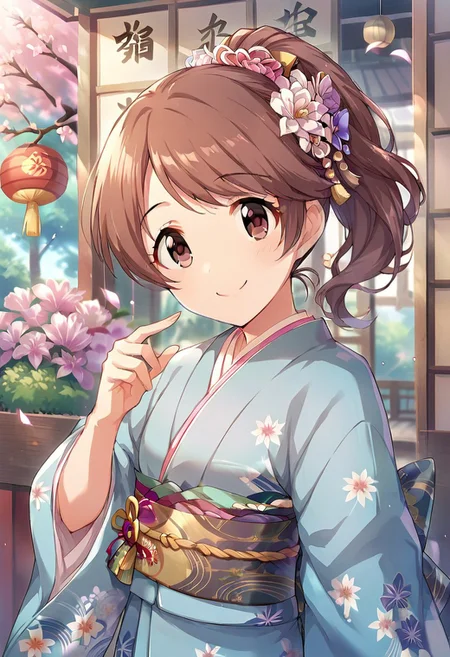 score_9, score_8_up, score_7_up, source_anime,shiina noriko, brown hair, brown eyes, 1girl, japanese clothes, ponytail, kimono, hair ornament, solo, smile, hair flower, flower