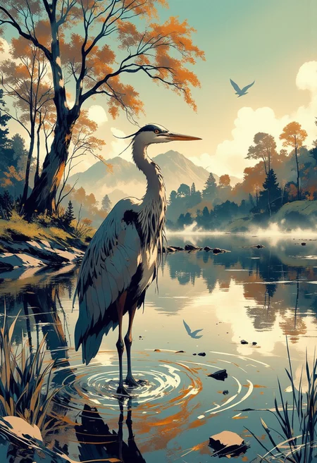 Mh1$AgThS2, intricate linework with expressive contrasts, soft lighting with dynamic highlights, a eurasian heron standing in shallow water in a tranquil woodland lake, wooded hills, oak trees, willows, reflection, mist, dawn, In the style of ff-td