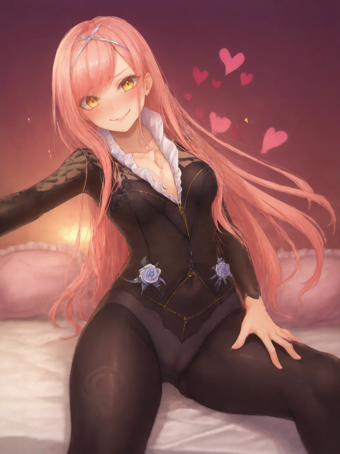 score_9, score_8_up, score_7_up, BREAK,
1girl, solo, BREAK,
cnocnariabhfate, yellow eyes, black dress, <lora:Cnoc_na_Riabh:0.8>, BREAK,
embarrassed, smile, blush, looking at viewer, BREAK,
selfie, reaching towards viewer, hand out of frame, hand on own thigh, BREAK,
sitting, on bed, BREAK,
indoors, bedroom