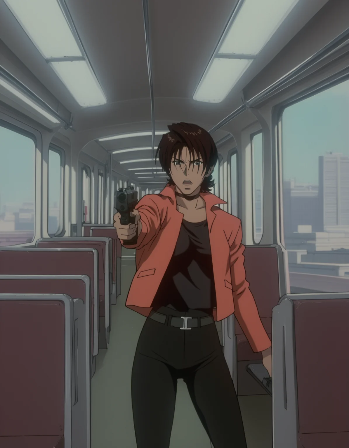score_9, score_8_up, score_7_up, <lora:cowboy-bebop-ponyxl-000020:1> ovirowa, choker, cropped jacket, black tank top, belt, pants, black pants,
1girl, solo, open mouth, handgun, aiming, intense, train interior