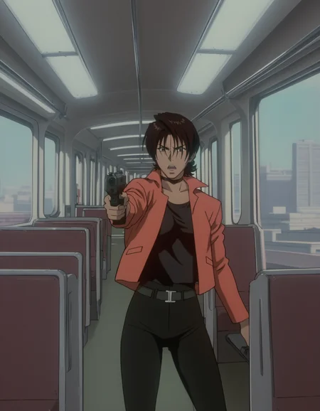 score_9, score_8_up, score_7_up, <lora:cowboy-bebop-ponyxl-000020:1> ovirowa, choker, cropped jacket, black tank top, belt, pants, black pants,
1girl, solo, open mouth, handgun, aiming, intense, train interior