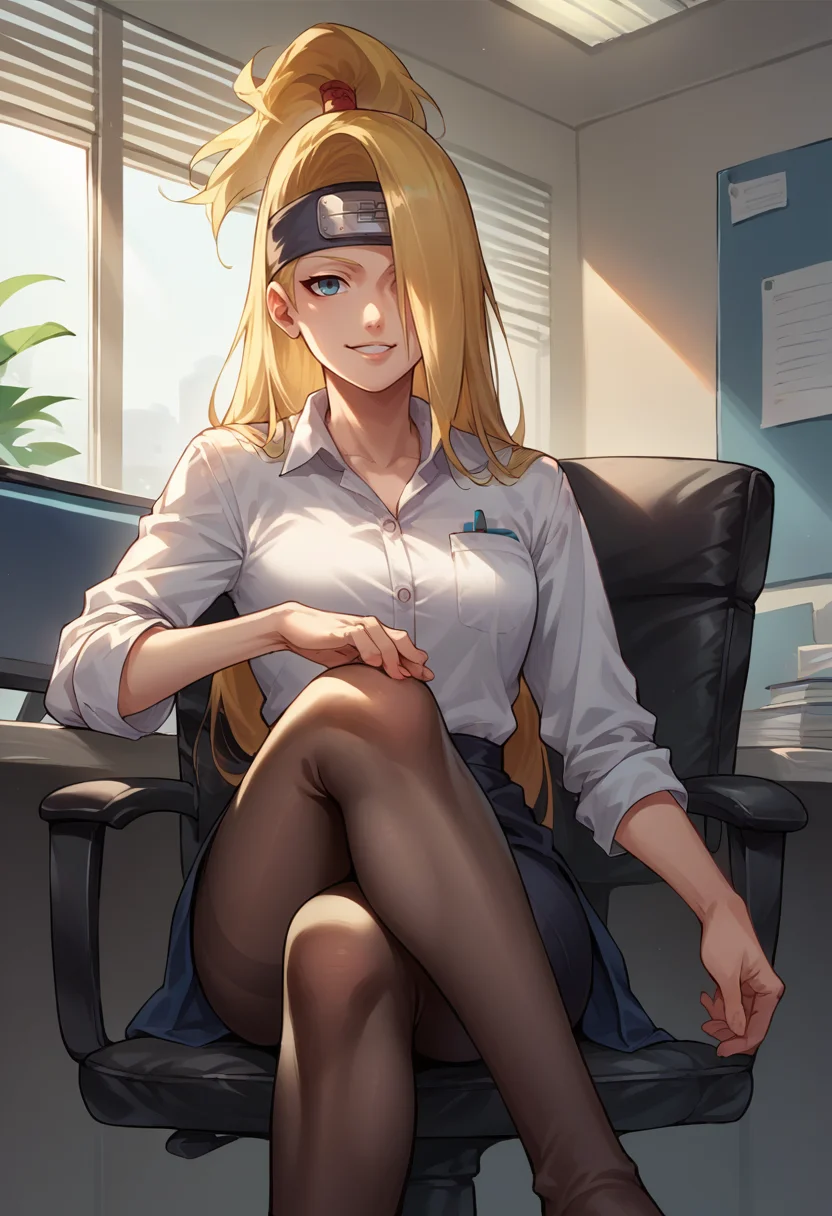 score_9, score_8_up, score_7_up, source_anime, 1girl, solo, Deidara, hair over one eye, long hair, ponytail, black headband, forehead protector, indoors, office lady, office chair, sitting, crossed legs, miniskirt, black pantyhose, dress shirt, smile, <lora:ChamDeidaraPonyXL-000008:1>