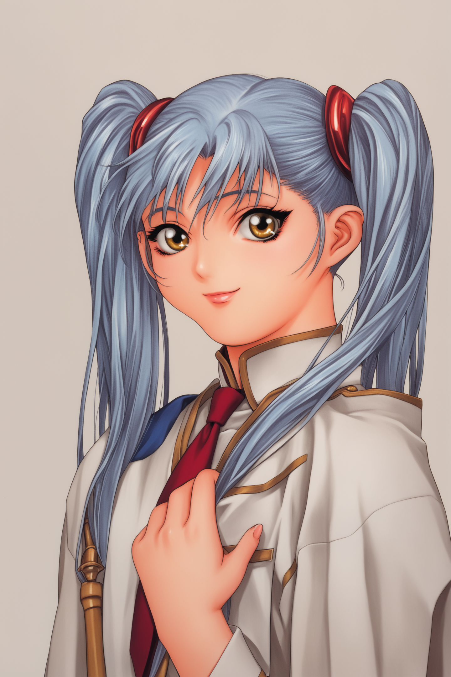 score_9,score_8_up,score_7_up,
Hoshino Ruri,uniform,1girl,solo,twintails,long hair,long sleeves,light blue hair,1990s \(style\),looking at viewer,white background,simple background,smile,cape,brown eyes,yellow eyes,bangs,traditional media,red necktie,upper body,necktie,hand on own chest,
<lora:Keiji Gotoh_XL_PONY:0.8>,
<lora:Tsukasa Jun_PONY_XL:1>,