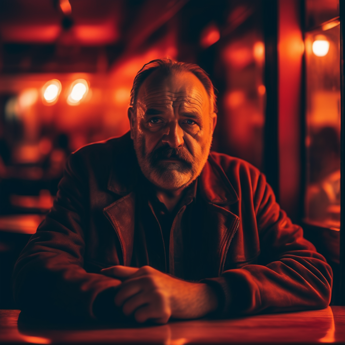 velumia close up straight-on portrait at a table in a cafe beer, an old fat man with little facial hair and scars on his face at night, cinematic, professional photo, very detailed red light <lora:velumia:1>