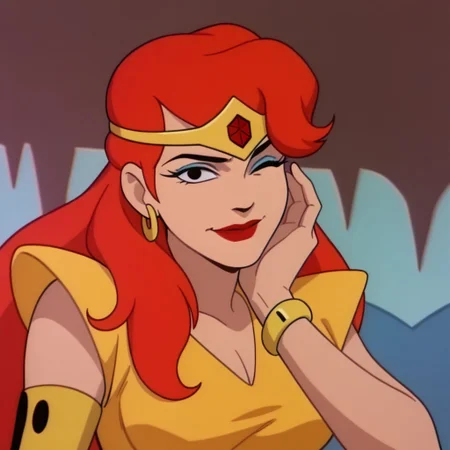 score_9, score_8_up, score_7_up BREAK KatellaS, 1girl, red hair, black eyes, blue eyeshadow, red lipstick, gold tiara with red gem, gold left wrist bracelet, gold right shoulder armband, yellow dress, face closeup, winking at viewer, face view,
