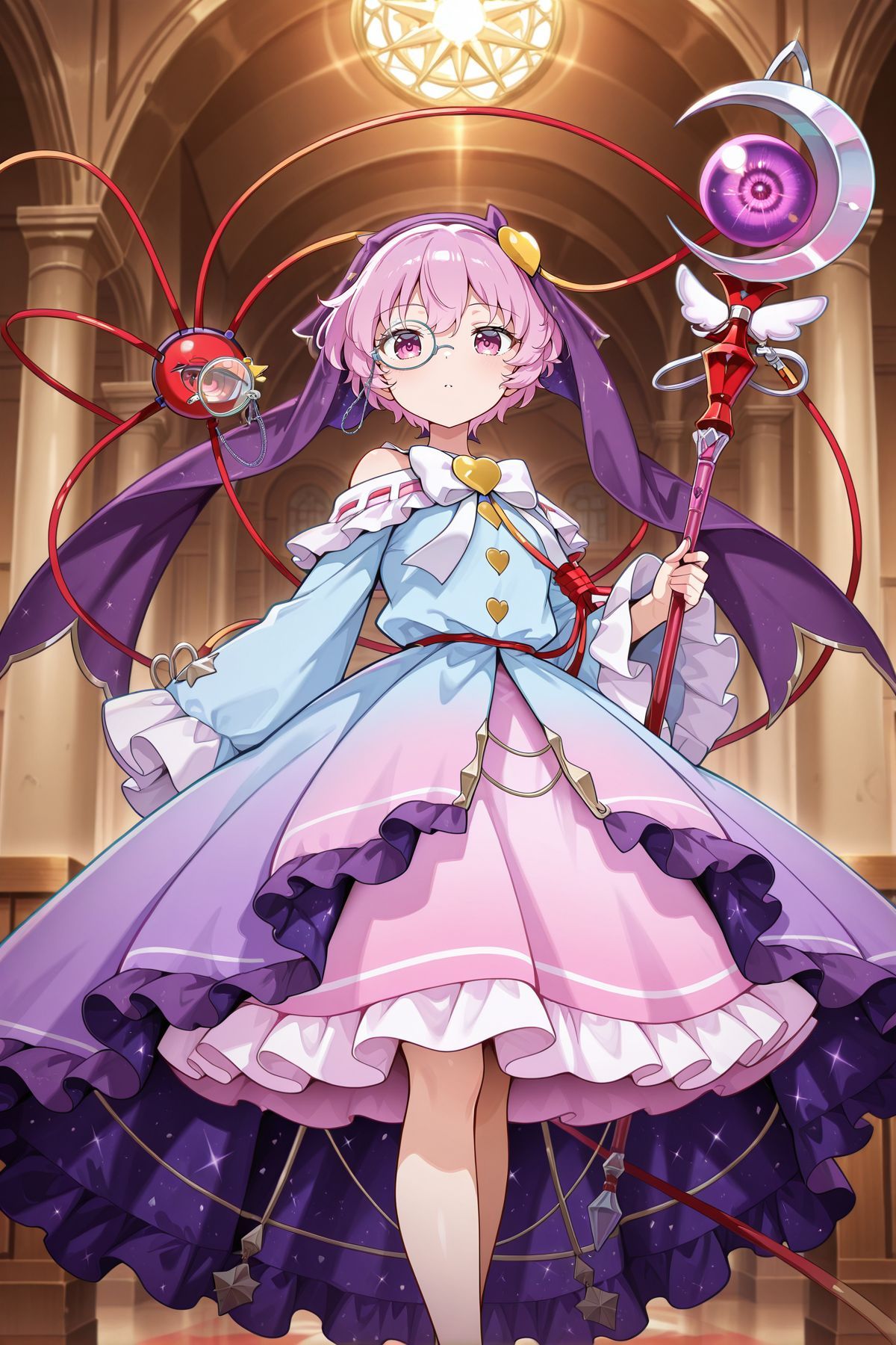 absurdres, highres, masterpiece, best quality, amazing quality, official anime artwork, screencap, anime screencap, looking at viewer, indoors, 
<lora:Komeiji-Satori_IllustriousV2:1> komeiji satori, 1girl, solo, pink eyes, pink hair, short hair, third eye,, komeiji satori \(astrological magical girl\), adapted costume, purple veil, monocle, monocle chain, heart hair ornament, off shoulder, white bowtie, yellow buttons, heart button, blue dress, frilled sleeves, long sleeves, wide sleeves, gradient dress, starry sky print, magical girl, pink skirt, holding staff,