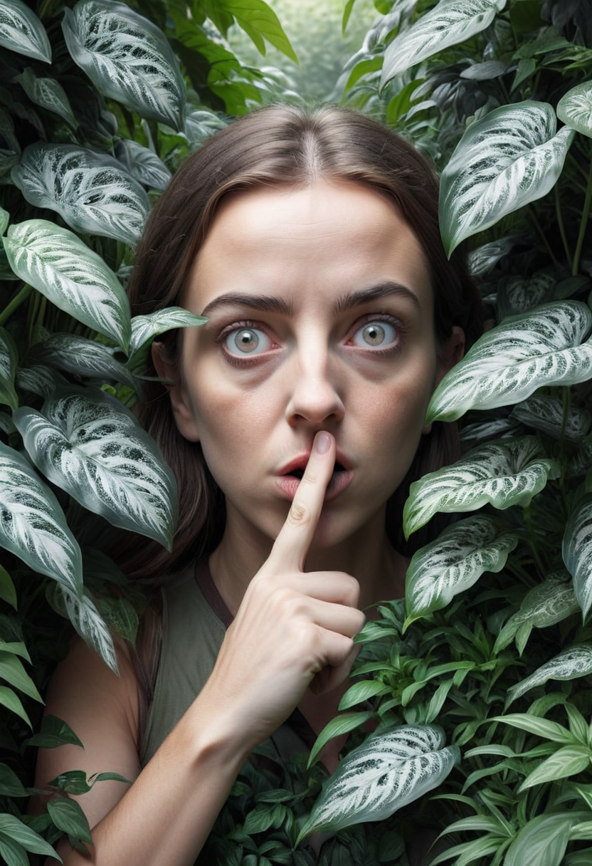 the eyes of the observer in the foliage, gesture quietly, finger to lips, 8k, F2.8, RAW Photo, ultra detailed,  <lora:VariegatedLeaves:1>