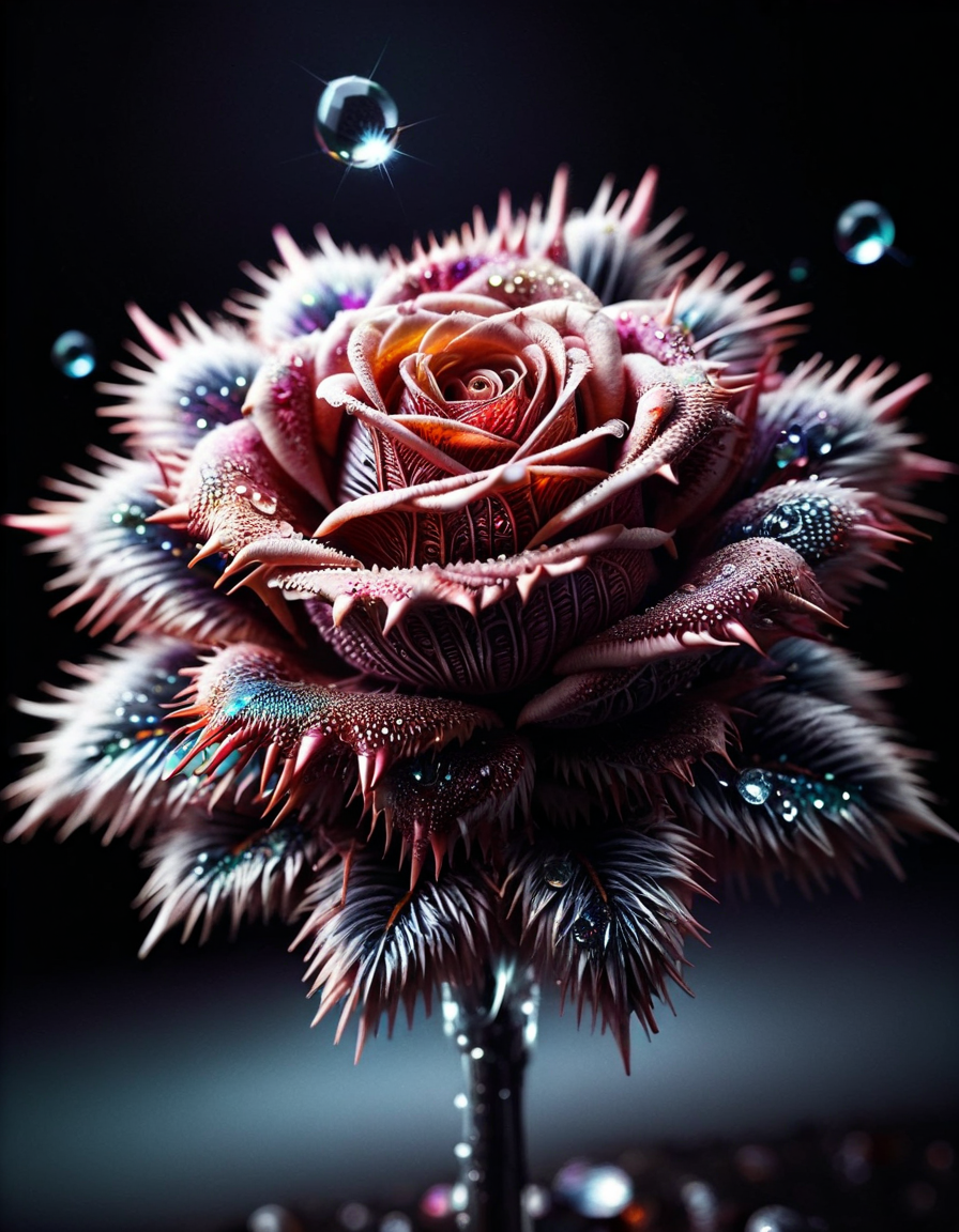 macro photo, sparkling magical fantasy glass rose dewdrop, very detailed, amazing quality, intricate, cinematic light, highly detail, beautiful, surreal, dramatic, galaxy fantasy colors, made out of ral-stkdrnrc <lora:ral-stkdrnrc:1>