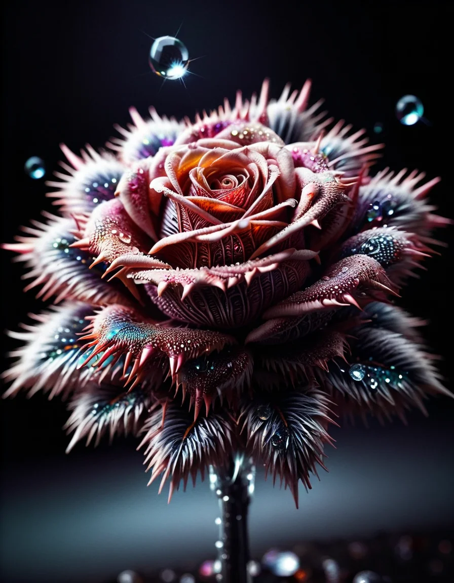 macro photo, sparkling magical fantasy glass rose dewdrop, very detailed, amazing quality, intricate, cinematic light, highly detail, beautiful, surreal, dramatic, galaxy fantasy colors, made out of ral-stkdrnrc <lora:ral-stkdrnrc:1>