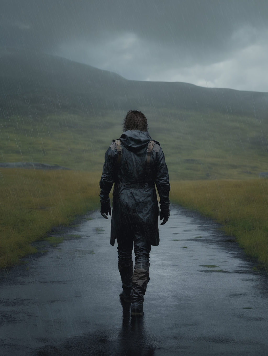 <lora:Death Stranding:1>Death Stranding - death stranding Norman Reedus walking on a rainy landscape Ayami kojima style cinematic photographic qulity