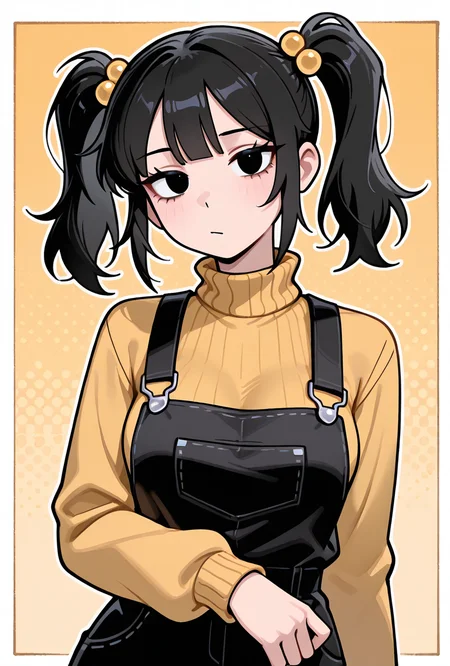 <lora:cassidyfnaf-10:1> cassidyfnaf, 1girl, twintails, black hair, hair ornament, long sleeves, yellow sweater, hair bobbles, turtleneck sweater, black overalls dress, yellow background, medium breasts,, masterpiece, best quality, amazing quality, very aesthetic, absurdres, newest,, upper body, halftone effect, white borders, abstract background:1.2,