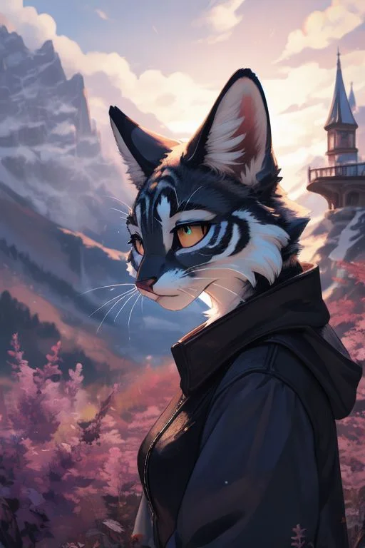 Female linx, masterpiece, focus on face, outside, scenic