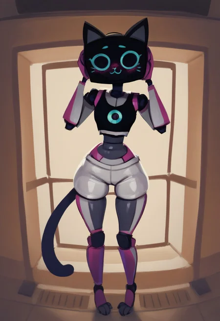 <lora:Kerfus:1>, (((white tight shorts, black crop top))), Score_9, Score_8_up, Score_7_up, volumetric_lighting, chiaroscuro_lighting, shaders, 1girl, (screen-face, robot)digital art, realistic,, cat-girl, animal_ears, hands on own head, dim_neon_light, Cartoon, P14n03l3g4nt3b0n3,interior, glistening skinpixelsketcherembedded:detailxl,cinematic,pmg style, masterpiece, perfect anatomy, perfect composition, perfect hand, cat tail, happy, big eyes, cat eyes
Kerfus / BellaBot, mad-cbrpnksplshrt, one girl, solo, alone, hairstyle, full view of body(((tiptoe)))kerfuspink ,mouth open,closed eyes,:3,blush,smile,upper body,