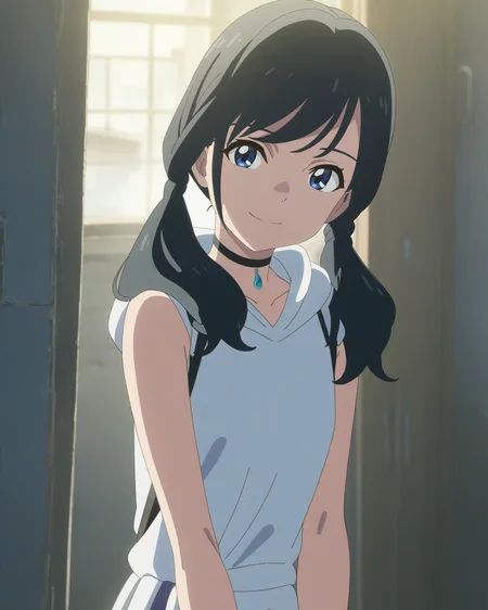 best quality,masterpiece,highres,absurdres,1girl,solo,newest,rating: general, <lora:Amano_Hina_XL-step00001400:0.75> ,(hina_xl, twintails, blue eyes, low twintails, hood, black choker, sleeveless, anime coloring),looking at viewer,smile,abandoned building