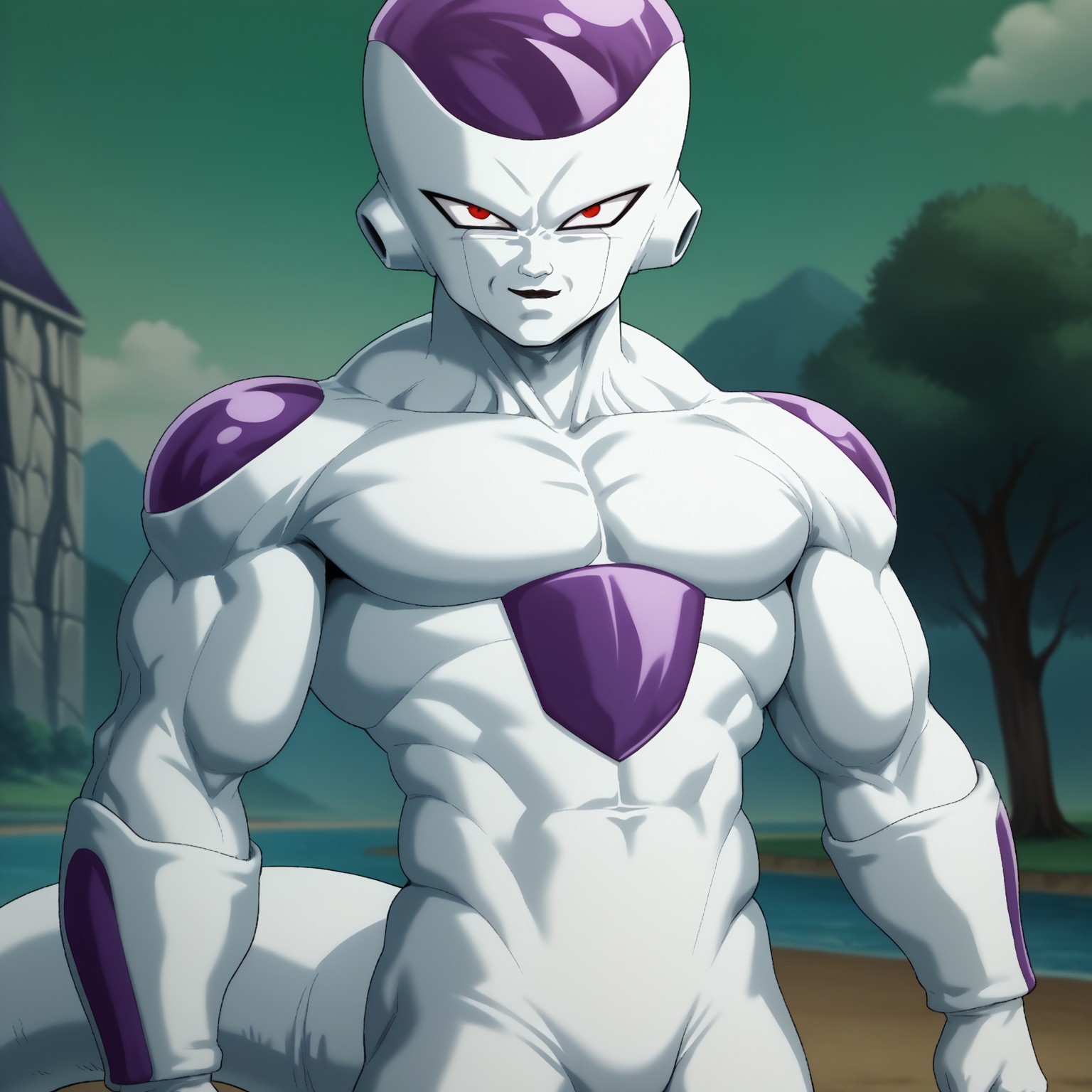 score_9, score_8_up, score_7_up, source_anime, friezadb, 1boy, solo, white body, white skin, purple plates, red eyes, tail, looking at viewer, muscular, BREAK, outdoors