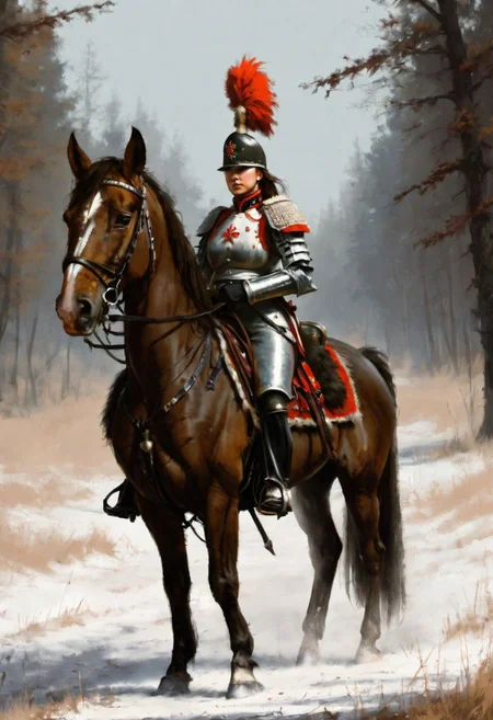 beautiful slim large-breast young heavy-armor female Hungarian hussar, long boots, digital painting in jrst artstyle