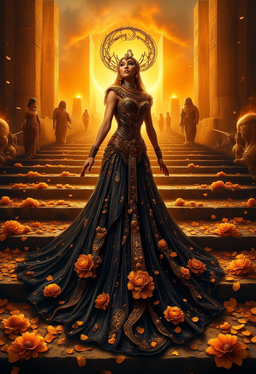 masterpiece, highly detailed, Egypt, female pharaoh, beautiful girl, in a lush dress made of black and golden flowers, with a long floral train ascends the pyramid, petals, sunset, extremely detailed, vivid colors, snstsplndrCE style, Egyptian dark fantasy, Egyptian mythology style, aidmamj6.1,