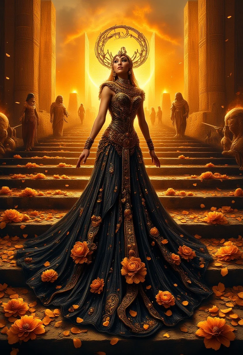 masterpiece, highly detailed, Egypt, female pharaoh, beautiful girl, in a lush dress made of black and golden flowers, with a long floral train ascends the pyramid, petals, sunset, extremely detailed, vivid colors, snstsplndrCE style, Egyptian dark fantasy, Egyptian mythology style, aidmamj6.1,