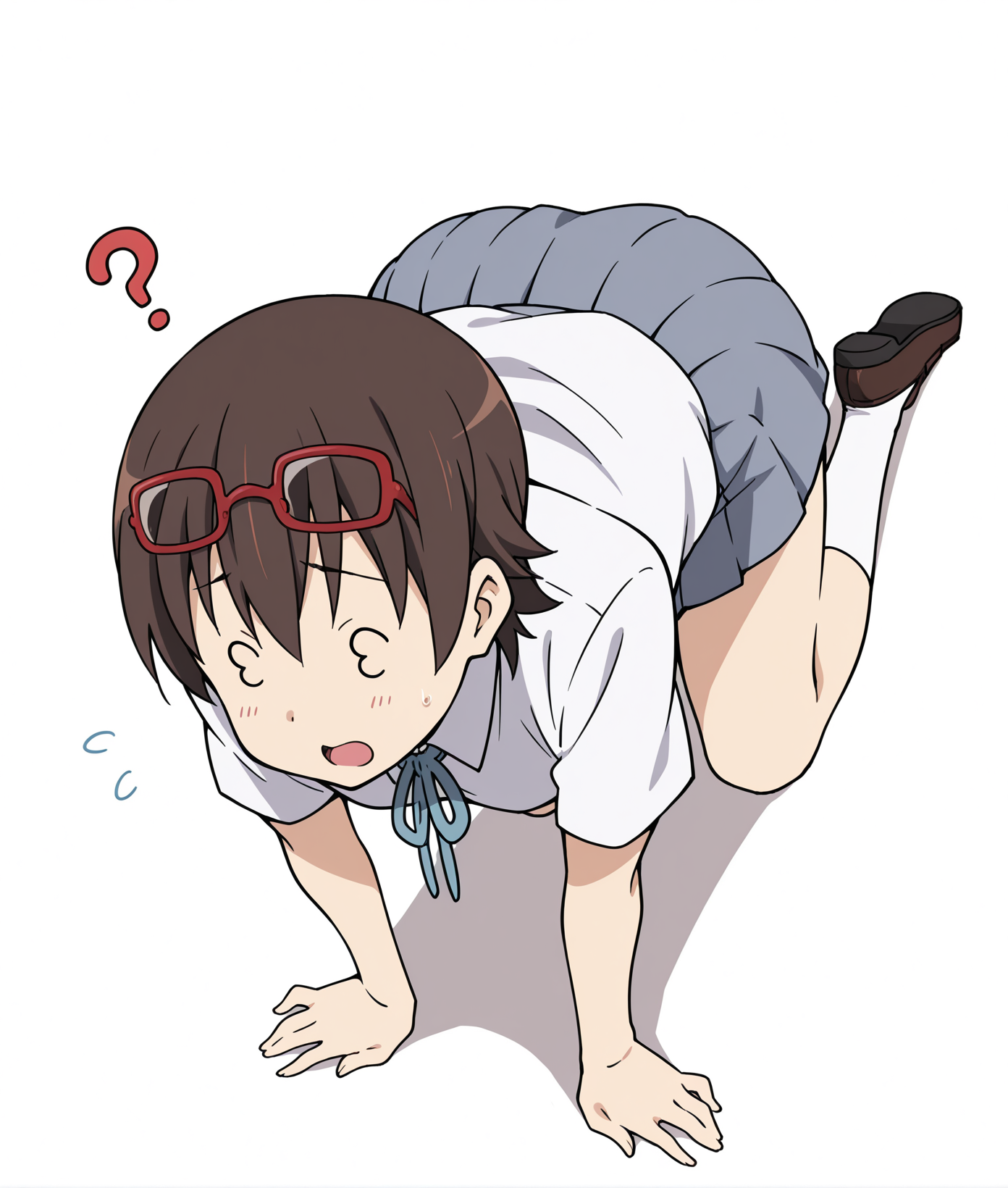 masterpiece,best quality,high quality,amazing quality,absurdres,highres,very aesthetic,ultra detailed,
1girl,solo,
<lora:3_3_megane_ILv11_v1:1>,mgn_mgn,((3_3)),no eyes,no pupils,flying sweatdrops,open mouth,eyewear on head,
<lora:nodoka-konIL:0.8>,nodoka manabe,short hair,sakuragaoka high school uniform,white socks,loafers,
all fours,?,
simple background,white background,
dutch angle,from above,