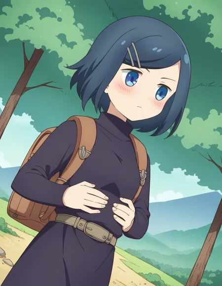 score_9, score_8_up, score_7_up, source_anime, <lora:dungeonpeople-clay-s1-ponyxl-lora-nochekaiser:1>, clay, short hair, blue eyes, black hair, hair ornament, blue hair, hairclip, swept bangs,, dress, belt, long sleeves, turtleneck,, mountain trail, hiking, nature, backpack, adventure, fresh air, , , hands on stomach, blush,, solo,, cowboy shot, dutch angle