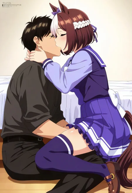 masterpiece, best quality, anime coloring, shiny skin, uncensored, from_side, 1girl, special week \(umamusume\), tracen school uniform, winter uniform, puffy long sleeves, sailor collar, purple shirt, white bowtie, horseshoe ornament, purple skirt, pleated skirt, purple thighhighs, brown footwear, loafers, soft_lighting, 1boy, handsome_boy, shirt, black_pants, hetero, sitting, bed, kissing, side_view, full_body,
