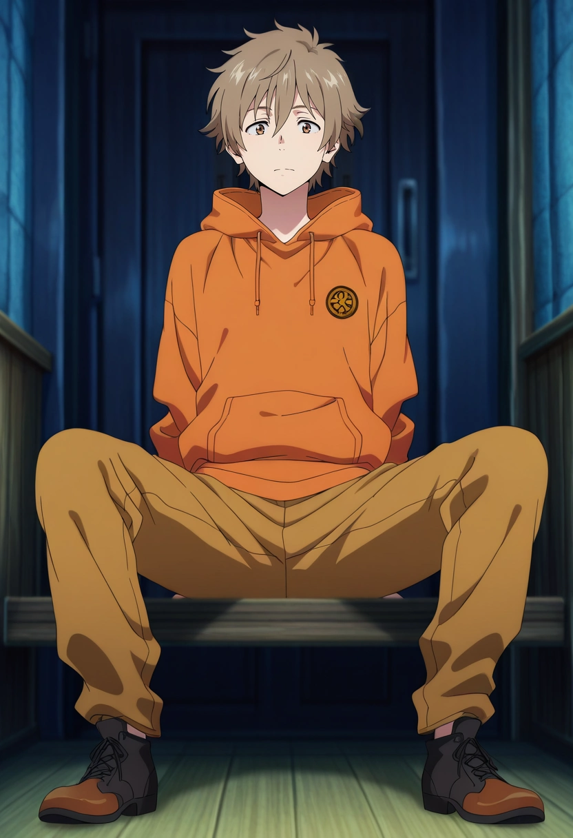 masterpiece, best quality, , anime screencap, anime coloring, official style, looking at viewer, 1boy, solo, male focus, <lora:shun_hashimoto_ilxl:0.9>, shun_hashimoto, brown hair, brown eyes, short hair, , Dark orange Toile Batik Work pants, Hoodie, Wingtip shoes, ,