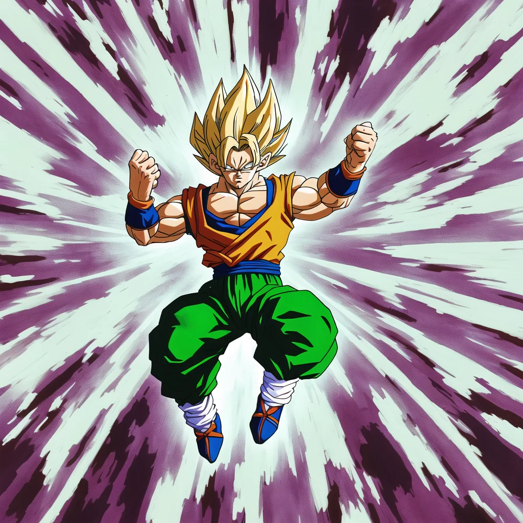 akiratoriyama art style, a guy fighting in the air, 1guy, solo, saiyan,