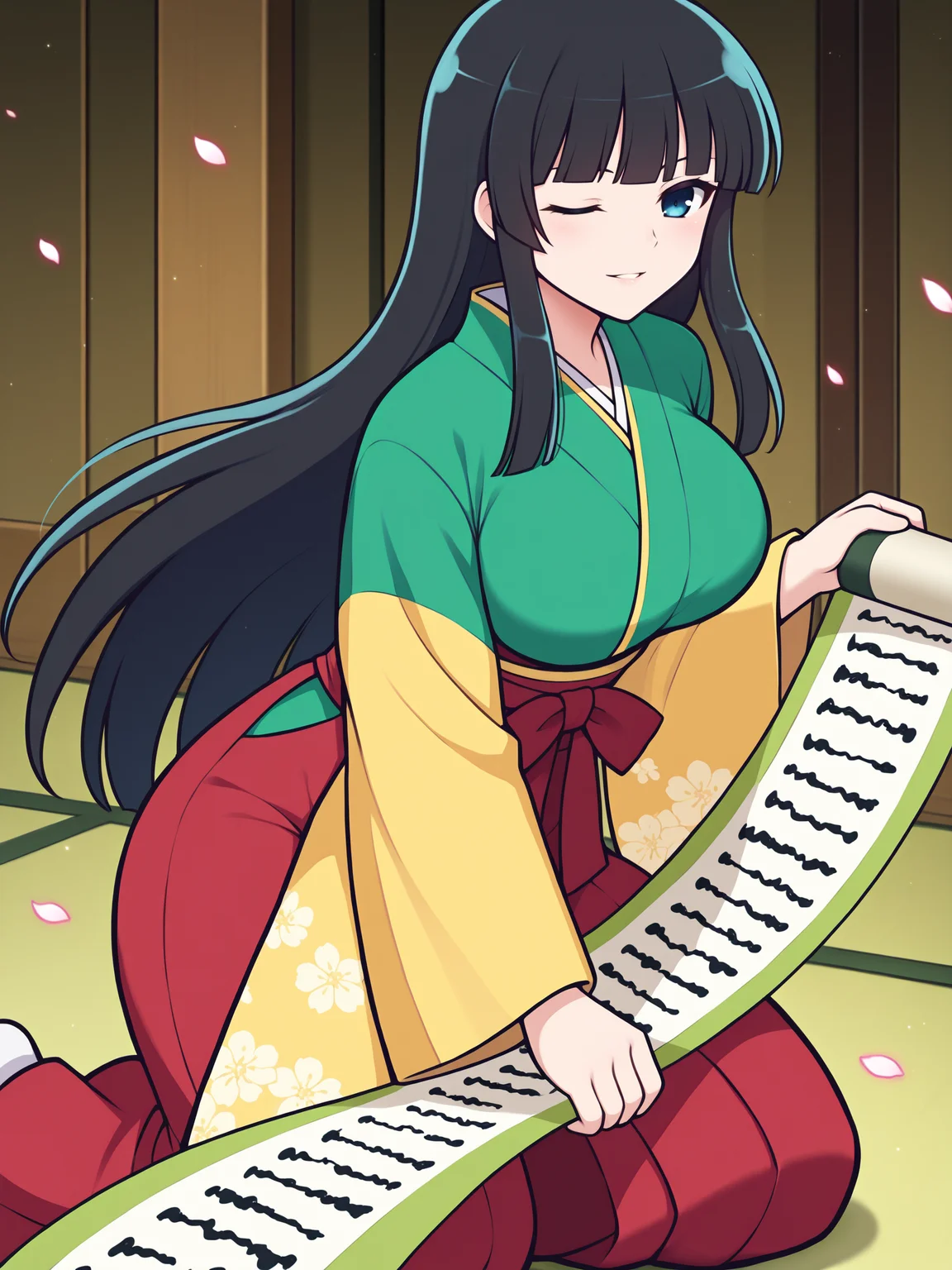 masterpiece, best quality, amazing quality, by asukaln
(solo:1.4), Ikaruga_IL, long black hair, blunt bangs, hime cut, dark blue eyes, large breasts
official anime artwork, screencap, anime screencap, indoors, light smile, looking at viewer, dynamic pose, japanese clothes, green kimono, yellow sleeves, wide sleeves, red skirt, red hakama, floral print, holding scroll, light particles, petals, one eye closed, parted lips, flying scrolls
<lora:Mystyle_SDXL_LoCon_DORA_v2:1>
<lora:SK_Ikaruga_IL:0.8>